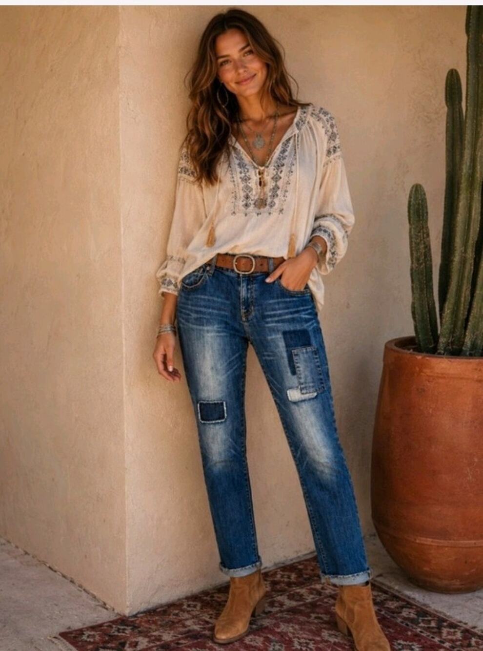 Cabi Womens Slim Boyfriend Patchwork Blue Denim Boho Jeans Size 0